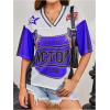 image:imageWomens Number Print Mesh Jersey Shirt Color Block V Neck Short Sleeve Football TShirtBlue