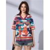 image:imageWomens Number Print Mesh Jersey Shirt Color Block V Neck Short Sleeve Football TShirtCamo Multicolor