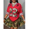 image:imageWomens Number Print Mesh Jersey Shirt Color Block V Neck Short Sleeve Football TShirtCamo Red