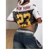 image:imageWomens Number Print Mesh Jersey Shirt Color Block V Neck Short Sleeve Football TShirtCheetah Brown