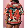 image:imageWomens Number Print Mesh Jersey Shirt Color Block V Neck Short Sleeve Football TShirtGraphic Orange