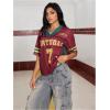 image:imageWomens Number Print Mesh Jersey Shirt Color Block V Neck Short Sleeve Football TShirtRed and Yellow