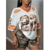 image:imageWomens Number Print Mesh Jersey Shirt Color Block V Neck Short Sleeve Football TShirtWhite Orange