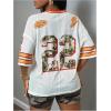 image:imageWomens Number Print Mesh Jersey Shirt Color Block V Neck Short Sleeve Football TShirtWhite Orange