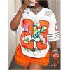 image:imageWomens Number Print Mesh Jersey Shirt Color Block V Neck Short Sleeve Football TShirtWhite and Orange