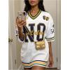 image:imageWomens Number Print Mesh Jersey Shirt Color Block V Neck Short Sleeve Football TShirtWhite and Purple