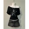 image:imageWomens Off The Shoulder Goth Graphic Tees Short Sleeve Asymmetrical Oversized Y2K T ShirtsAnimal Black