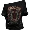 image:imageWomens Off The Shoulder Goth Graphic Tees Short Sleeve Asymmetrical Oversized Y2K T ShirtsBlack Graphic