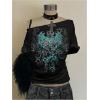 image:imageWomens Off The Shoulder Goth Graphic Tees Short Sleeve Asymmetrical Oversized Y2K T ShirtsBlack and Green