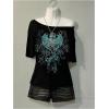 image:imageWomens Off The Shoulder Goth Graphic Tees Short Sleeve Asymmetrical Oversized Y2K T ShirtsBlack and Green