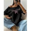 image:imageWomens Oversized Off Shoulder Graphic Tees Short Sleeve Bow Letter Print T Shirts Y2K TopsBlack