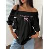 image:imageWomens Oversized Off Shoulder Graphic Tees Short Sleeve Bow Letter Print T Shirts Y2K TopsBlack