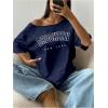 image:imageWomens Oversized Off Shoulder Graphic Tees Short Sleeve Bow Letter Print T Shirts Y2K TopsDeep Blue Letter