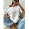image:imageWomens Oversized Off Shoulder Graphic Tees Short Sleeve Bow Letter Print T Shirts Y2K TopsWhite