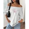 image:imageWomens Oversized Off Shoulder Graphic Tees Short Sleeve Bow Letter Print T Shirts Y2K TopsWhite