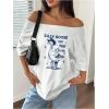 image:imageWomens Oversized Off Shoulder Graphic Tees Short Sleeve Bow Letter Print T Shirts Y2K TopsWhite Blue Graphic