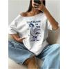 image:imageWomens Oversized Off Shoulder Graphic Tees Short Sleeve Bow Letter Print T Shirts Y2K TopsWhite Blue Graphic