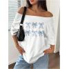 image:imageWomens Oversized Off Shoulder Graphic Tees Short Sleeve Bow Letter Print T Shirts Y2K TopsWhite Bow