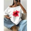 image:imageWomens Oversized Off Shoulder Graphic Tees Short Sleeve Bow Letter Print T Shirts Y2K TopsWhite Hibiscus