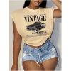 image:imageWomens Plus Size Letter Car Graphic Tees Short Sleeve Crew Neck Crop Tops Summer T ShirtKhaki