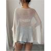 image:imageWomens See Through Knit Poncho Shawl 34 Sleeve Split Asymmetrical Shrug Sweater Cover UpApricot