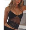 image:imageWomens Sheer Mesh Camisole Tops Ruched V Neck Spaghetti Strap Crop Tank TopBlack