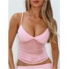 image:imageWomens Sheer Mesh Camisole Tops Ruched V Neck Spaghetti Strap Crop Tank TopPink