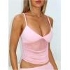 image:imageWomens Sheer Mesh Camisole Tops Ruched V Neck Spaghetti Strap Crop Tank TopPink