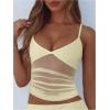 image:imageWomens Sheer Mesh Camisole Tops Ruched V Neck Spaghetti Strap Crop Tank TopYellow