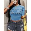 image:imageWomens Sheer Mesh Letter Graphic Tees Short Sleeve Crew Neck Y2K Vintage Crop Tops Going Out T ShirtBlue