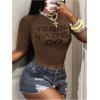 image:imageWomens Sheer Mesh Letter Graphic Tees Short Sleeve Crew Neck Y2K Vintage Crop Tops Going Out T ShirtBrown