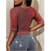 image:imageWomens Sheer Mesh Letter Graphic Tees Short Sleeve Crew Neck Y2K Vintage Crop Tops Going Out T ShirtBurgundy