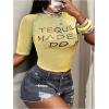 image:imageWomens Sheer Mesh Letter Graphic Tees Short Sleeve Crew Neck Y2K Vintage Crop Tops Going Out T ShirtYellow