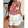 image:imageWomens Tropical Paisley Print Halter Blouse Sleeveless Boho Shirt Tops Button Back Vacation TopsPink and Green