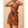 image:imageWomens Tropical Print Cami Dress Sleeveless Wrap V Neck Tie Knot Boho Short DressesOrange