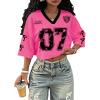 image:imageJersey Shirts for Women Number Print V Neck Mesh Cropped Jersey Y2k Oversized Tshirts StreetwearHot Pink