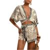 image:imageWomens 2 Piece Outfits Half Sleeve Crop Blouses and Wrap Skirts Set Boho Beach Vacation ClothesBeige