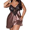 image:imageWomens Plus Size Floral Lace Sheer Satin Nightgown Spaghetti Strap Night Dress ChemiseMocha Brown