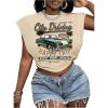 image:imageWomens Plus Size Letter Car Graphic Tees Short Sleeve Crew Neck Crop Tops Summer T ShirtBeige