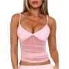 image:imageWomens Sheer Mesh Camisole Tops Ruched V Neck Spaghetti Strap Crop Tank TopPink