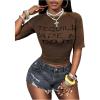 image:imageWomens Sheer Mesh Letter Graphic Tees Short Sleeve Crew Neck Y2K Vintage Crop Tops Going Out T ShirtBrown