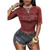image:imageWomens Sheer Mesh Letter Graphic Tees Short Sleeve Crew Neck Y2K Vintage Crop Tops Going Out T ShirtBurgundy