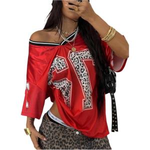 image:imageJersey Shirts for Women Number Graphic V Neck Oversized Tshirts Y2k Football Jersey StreetwearDark Red