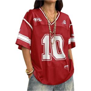 image:imageJersey Shirts for Women Number Graphic V Neck Oversized Tshirts Y2k Football Jersey StreetwearDeep Red