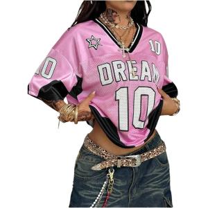 image:imageJersey Shirts for Women Number Graphic V Neck Oversized Tshirts Y2k Football Jersey StreetwearLight Hot Pink