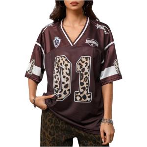 image:imageJersey Shirts for Women Number Graphic V Neck Oversized Tshirts Y2k Football Jersey StreetwearNumber Brown