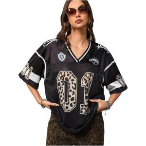 image:imageJersey Shirts for Women Number Graphic V Neck Oversized Tshirts Y2k Football Jersey StreetwearNumber Graphic Black