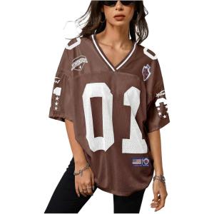 image:imageJersey Shirts for Women Number Graphic V Neck Oversized Tshirts Y2k Football Jersey StreetwearNumber Print Brown