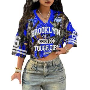image:imageJersey Shirts for Women Number Print V Neck Mesh Cropped Jersey Y2k Oversized Tshirts StreetwearBlue
