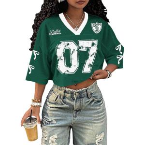 image:imageJersey Shirts for Women Number Print V Neck Mesh Cropped Jersey Y2k Oversized Tshirts StreetwearGreen